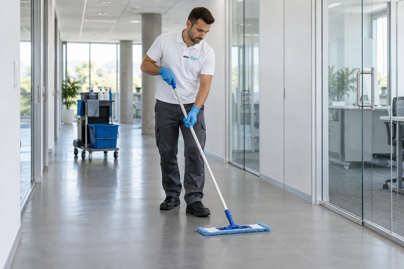 Cleaner mopping a bright office floor with a flat mop