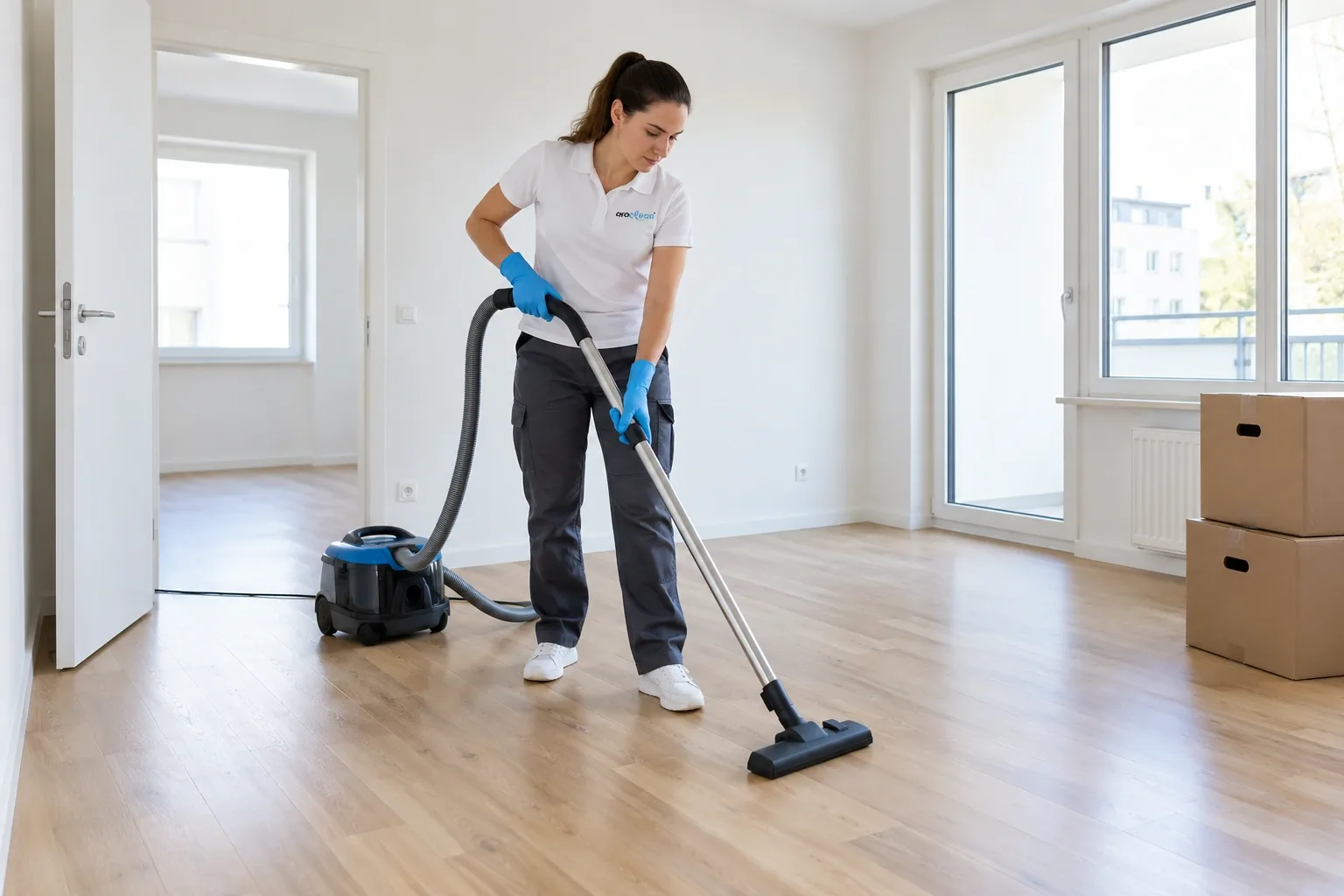 Person vacuuming an empty bright apartment with moving boxes
