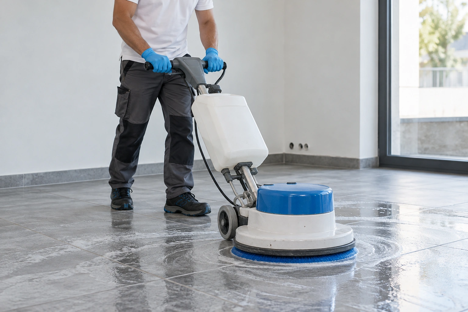 Floor scrubbing machine on a bright tiled floor