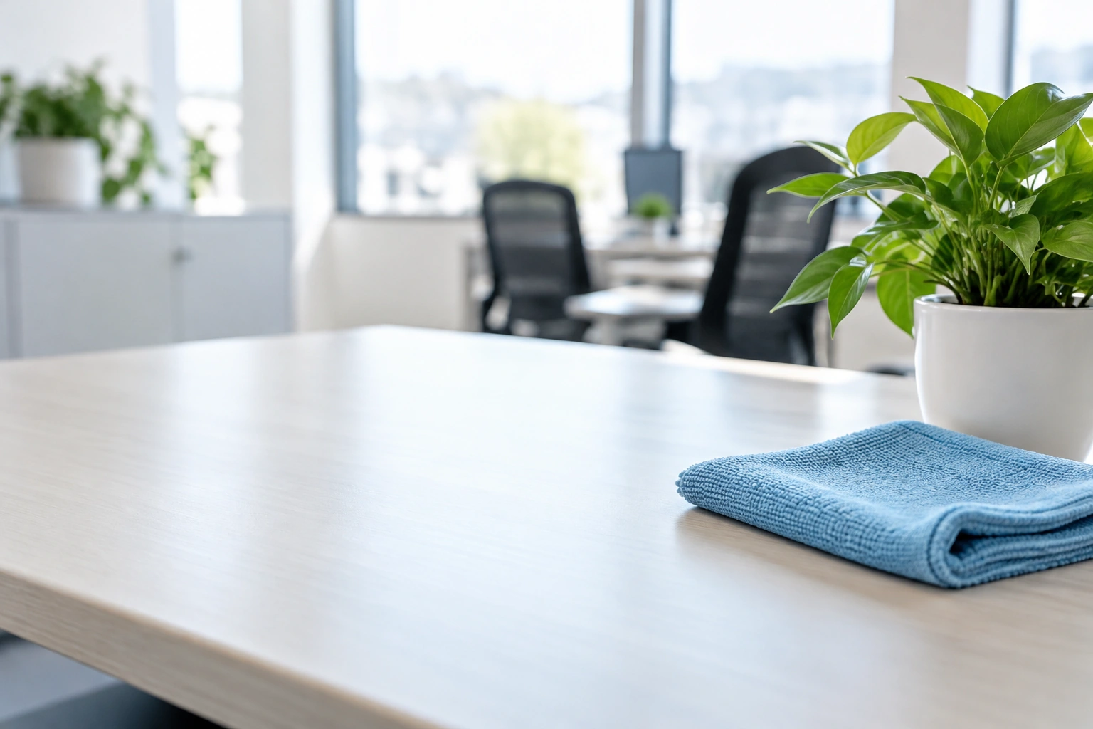 Bright desk with a plant and a microfibre cloth