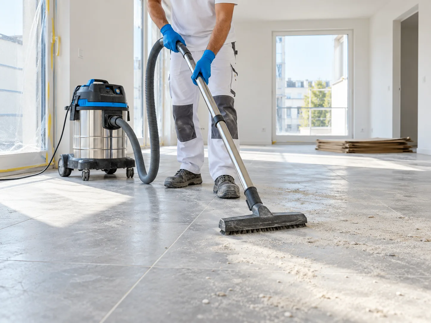 Person vacuuming construction dust from a tiled floor in a bright, renovated room