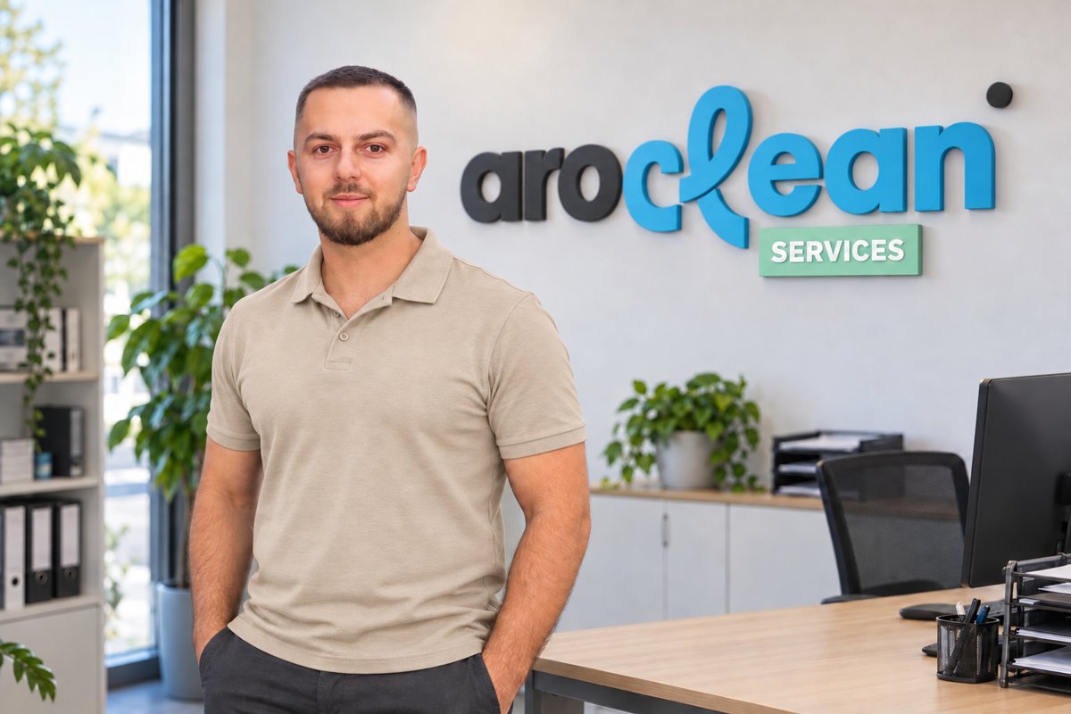 Valon Zogaj, owner of AroClean, in the office in front of the AroClean logo